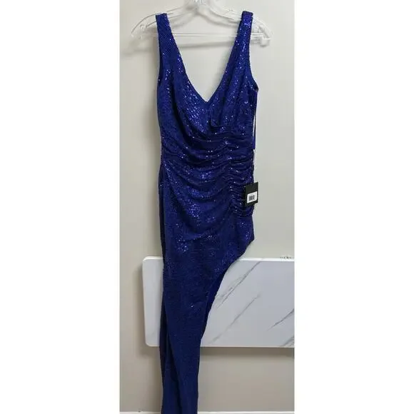 Ieena for Mac Duggal A11275 Blue Sequin Gown Size 8 NWT Asymmetrical Slit
